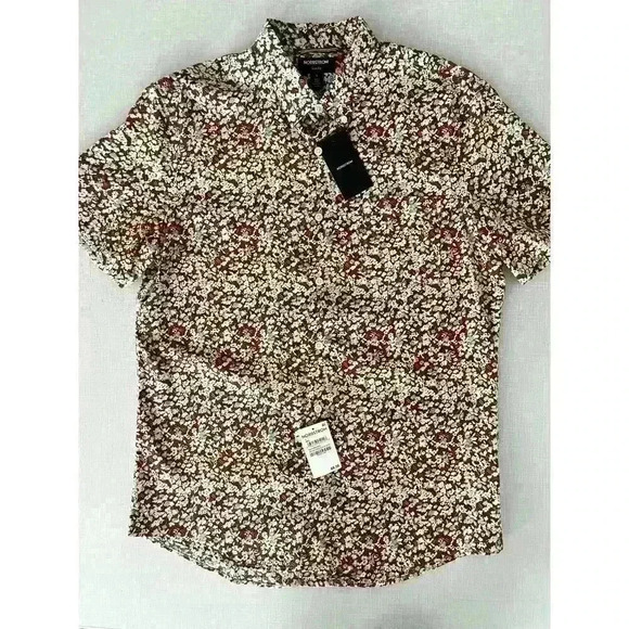 Nordstrom Mns Sz L Floral Trim Fit Button Down Shirt Brown Linen Stretch Fun NWT - Picture 6 of 16